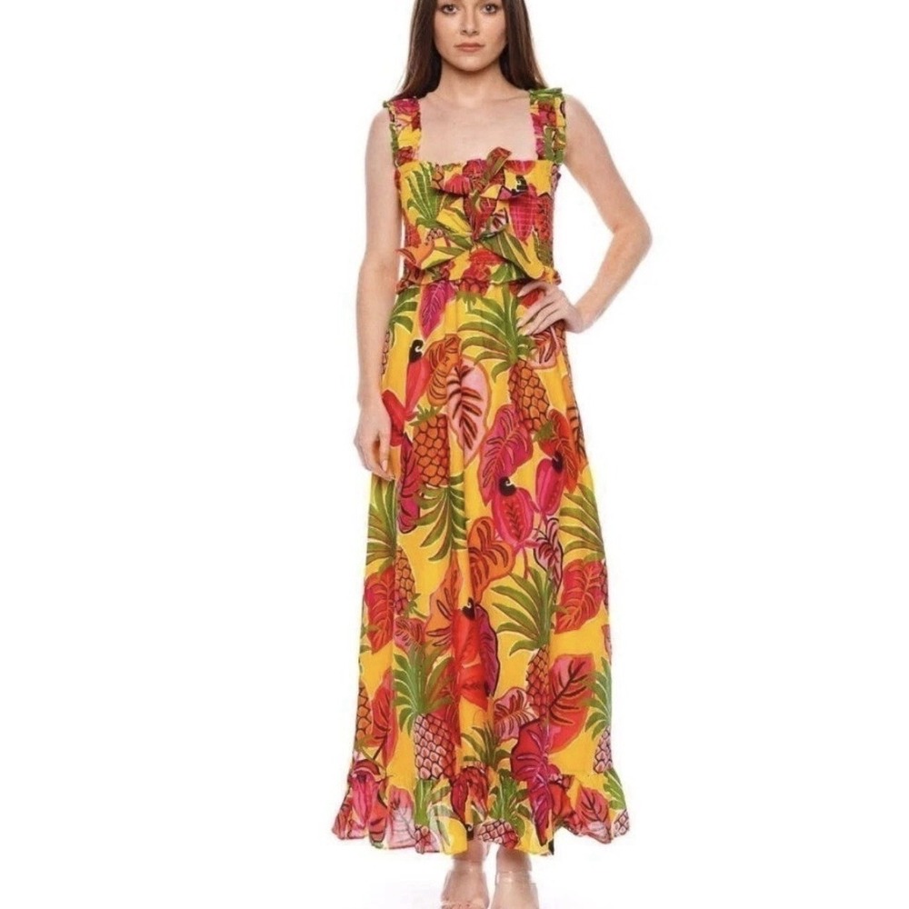 Farm Rio Maxi Dress L Yellow Fruit Dream Tropical Resort‎ Smocked Ruffle Bows